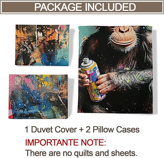 Chimpanzee Duvet Cover Full Size, Street Graffiti Gorilla Bedding Set 3 Piece Bedroom Decor Fun Colorful Comforter Cover and 2 Pillow Sham with Zipper Closure