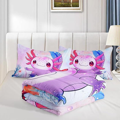 Cute Axolotl Bedding Set Twin Size,Pink Axolotl Waterweed Pattern Toddler Bed Comforter Set,Kawaii Sea Life Bedding Sets for Kids Boys Girls Room Decoration with 2 Pillowcases.