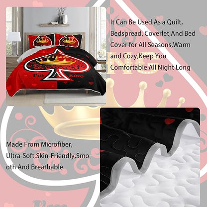 AILONEN Red & Black Quilt Set for Couples Lovers - Full King Crown Printed Bedspread Coverlet,His Hers Themmed Love Heart Quilted Bedding + 2 Pillowcases