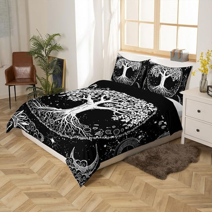 Life Tree Duvet Cover Set King Size,Abstract Sun Moon Stars Galaxy Space Comforter Cover with 2 Pillowcases,Psychedelic Mystic Modern Bedding Set for Adult Young Bedroom Xmas Gift