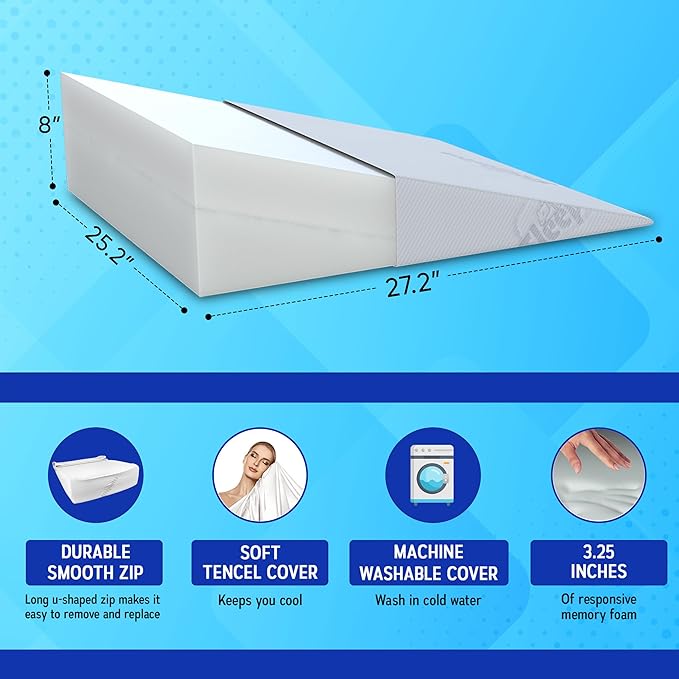 Sleepnitez Fsa Eligible 8" Bed Wedge Pillow – Memory Foam Wedge for Sleeping, Acid Reflux Pillow for Snoring, GERD, Pregnancy – Luxurious 3.25" Memory Foam Top Layer