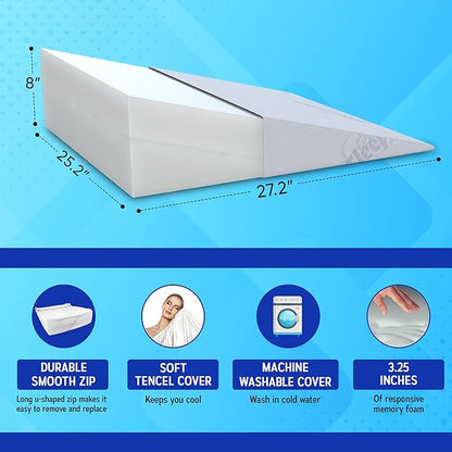 Sleepnitez Fsa Eligible 8" Bed Wedge Pillow – Memory Foam Wedge for Sleeping, Acid Reflux Pillow for Snoring, GERD, Pregnancy – Luxurious 3.25" Memory Foam Top Layer