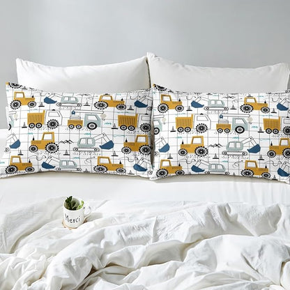 Feelyou Construction Comforter Set Queen Size Kids Excavator Tractor Toddler Comforter Cartoon Car Equipment Trucks Plaid Grid Comforter Set Construction Vehicles White Yellow Duvet Set