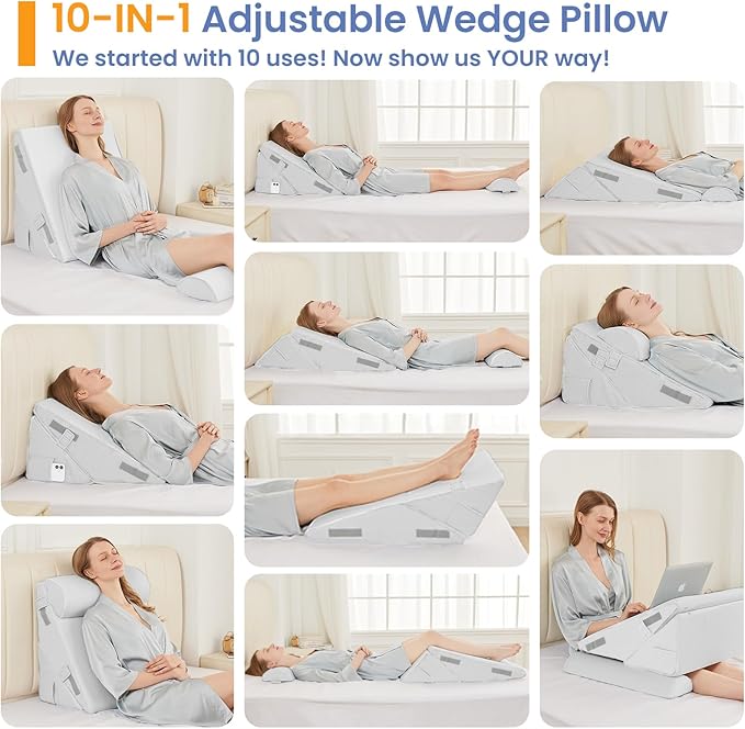 Sasttie Wedge Pillow Set for After Surgery, 3PCS Adjustable Bed Wedge Pillow Headboard with Memory Foam Neck Cushion – for Acid Reflux, Sleeping, Neck & Back Support, White
