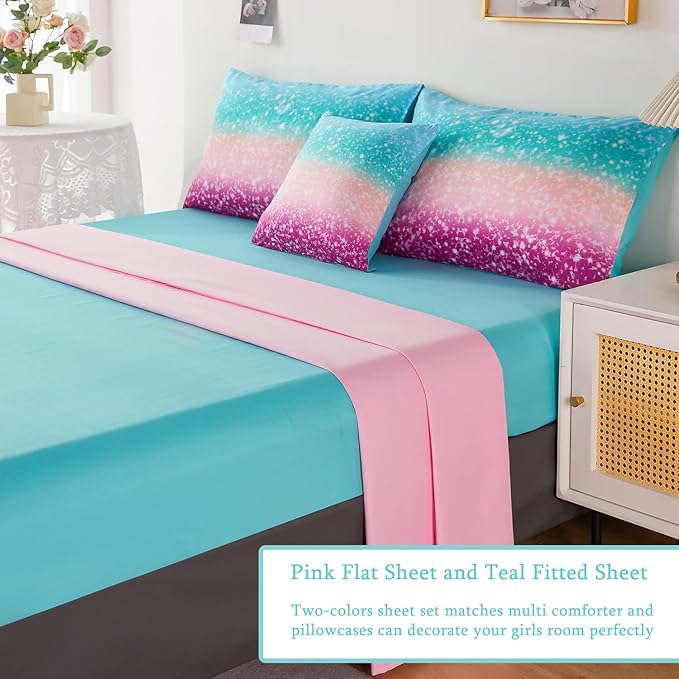 URBONUR 6Pcs Queen Comforter Set for Girls Multicolor Gradient Glitter Tie Dye Pink Blue Bedding Set with Sheets, Soft Fluffy All Season Kids Teen Bed in A Bag