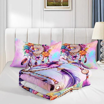 Pink Dream Catcher Comforter Set for Kids Teens Girls Room Decor,Feather Floral Comforter King Size,Boho Style Butterfly Print Bedding Comforter Set with 2 Pillowcases.