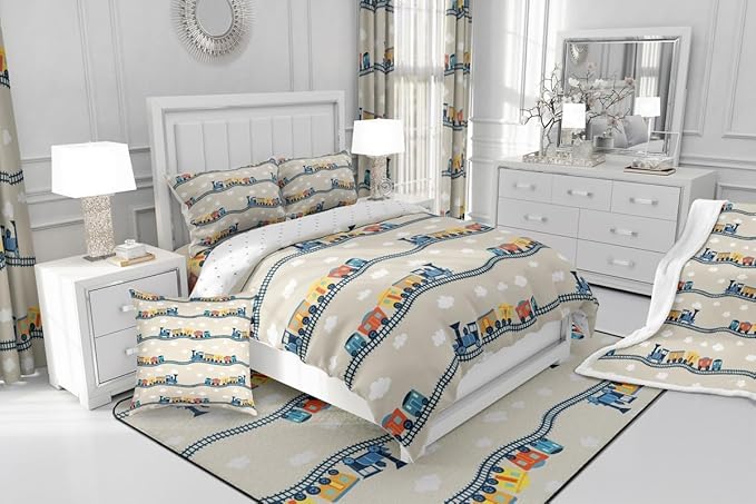 Erosebridal Kids Cartoon Train Bedding Sets Full for Boys Cute Truck Car Themed Comforter Set Kawaii Steam Engine Duvet Insert White Clouds Watercolor Beige Print Comforter for Kids Bedroom