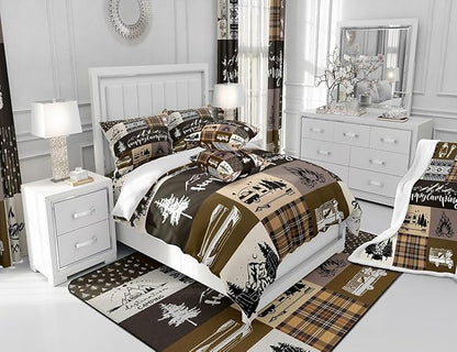 Happy Camping Bedding Set King Size for Teens,RV Camper Adventure Tent Patchwork Comforter Cover with 2 Pillowcases,Rustic Farmhouse Lake Cabin Brown Check Duvet Cover Set Microfiber Quilt Cover