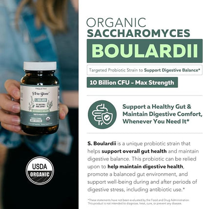 Organic Saccharomyces Boulardii - 10 Billion CFU - Clinically Validated CNCM I-1079 Probiotic Strain - Gut, Digestion & Healthy Bowel Support - First Organic Form of S. Boulardii Probiotic - 60 Count