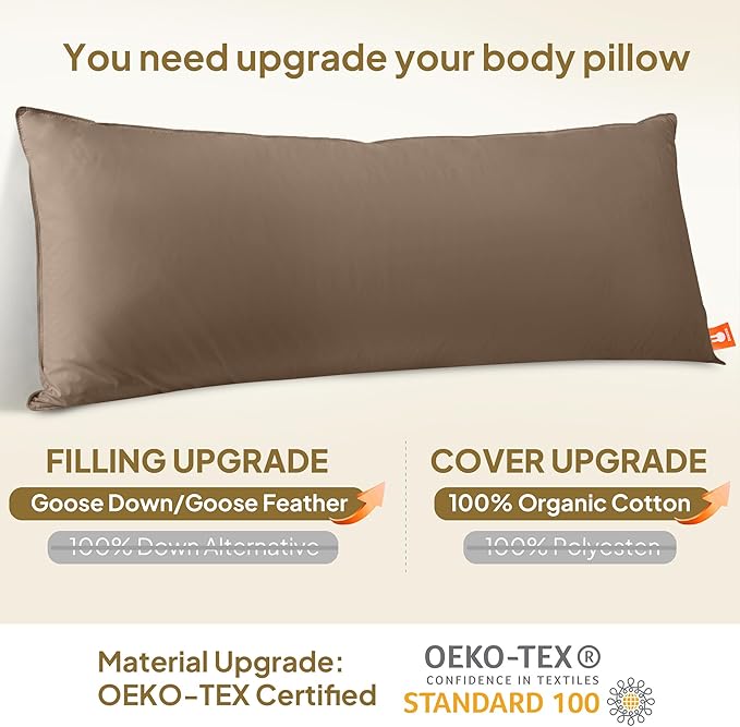Goose Down Body Pillows for Adults, Large Body Pillow for Side Sleeper, Hugging Feather Body Pillow Insert, Cooling Full Length Long Pillow for Bed with 100% Organic Cotton Shell, Chocolate 20"x60"