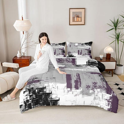 Feelyou Abstract Bedding Set Kids Modern Abstract Art Comforter Set Purple Grey Black Comforter for Boys Room Decor Lightweight Retro Duvet Set Full Size with 2 Pillow Case