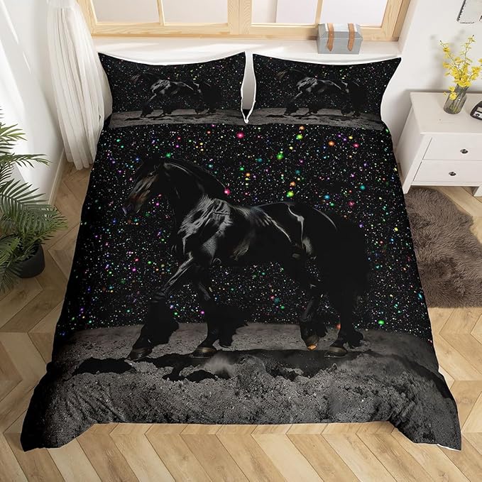 Black Horse Duvet Cover Set King Size,Colorful Shiny Starry Sky Comforter Cover with 2 Pillowcases,Animal and Space Themed Modern Bedding Set for Adult Young Bedroom Xmas Gift