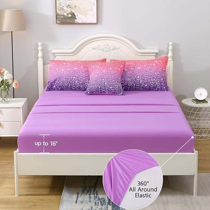 6Pcs Glitter Comforter Set with Sheets for Teens Girls Kids, Colorful Gradient Glitter Themed Bed in a Bag Full Size, Pink Purple 3D Sparkly Galaxy Bedroom Decor Bedding Set