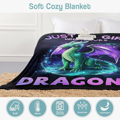 Dragon Lover Blanket, Just A Girl Who Loves Dragons Blanket, Soft Warm Cozy Fleece Throw, Gifts for Girls Women Kids, 50"x60", Black