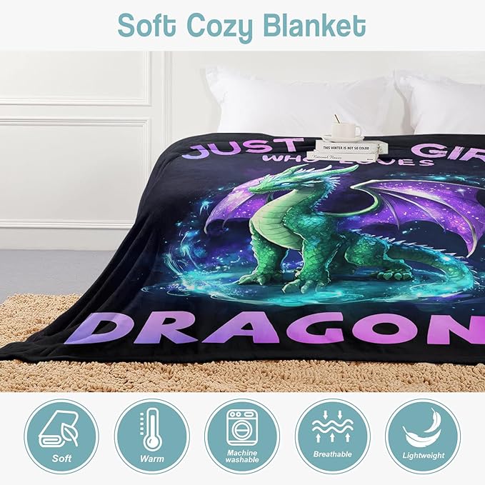 Dragon Lover Blanket, Just A Girl Who Loves Dragons Blanket, Soft Warm Cozy Fleece Throw, Gifts for Girls Women Kids, 60"x80", Black