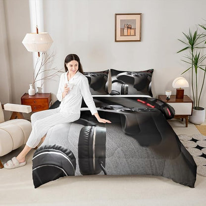 Feelyou Gaming Bedding Set Boys Game Controller Comforter for Kids Girls Teens Modern Gamer Headset Comforter Set Youth Gaming Console Video Game Decor Duvet Set with 1 Pillow Case Toddler Size Black