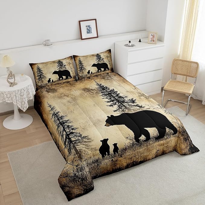 Feelyou Bear Bedding Set Full Size Kids Rustic Cabin Country Comforter Cover for Boys Girls Teens Wild Animal Brown Beige Duvet Cover Breathable Soft Lightweight Microfiber Quilt Set