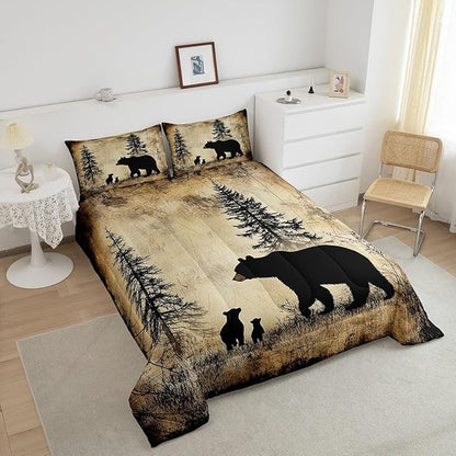 Feelyou Bear Bedding Set Queen Size Kids Rustic Cabin Country Comforter Cover for Boys Girls Teens Wild Animal Brown Beige Duvet Cover Breathable Soft Lightweight Microfiber Quilt Set