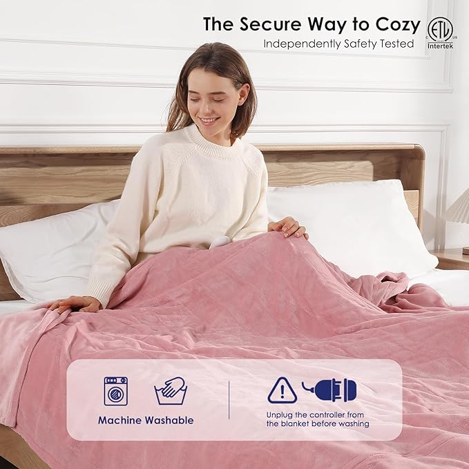 Pink Heated Blanket Full Size Electric Blanket with 5 Heating Level & 10 Hour Timer, Upgraded Flannel Lightweight but Warmer, ETL Certified & Overheat Protection, Gifts for Grandma(Dusty Pink)