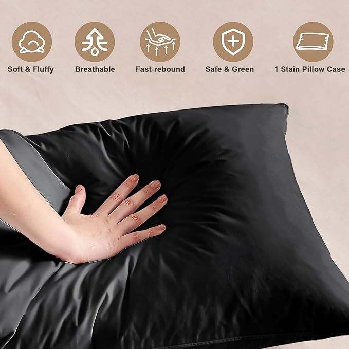 BHZ Black Satin Goose Down Feather Pillows King Size with Black Satin Pillowcase for Hair and Skin, Cooling Pillow Cases Similar to Silk Pillow Cases, Decorative for Women, Mom Men
