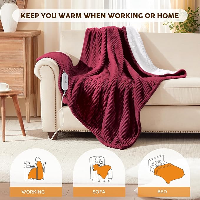 HYLEORY Heated Blanket Electric Queen, Soft Flannel Sherpa Heater 5 Heat Settings and 10 Hours Auto Shut-Off Heating Blanket ETL Certification Over-Heat Protection Machine Washable,Red