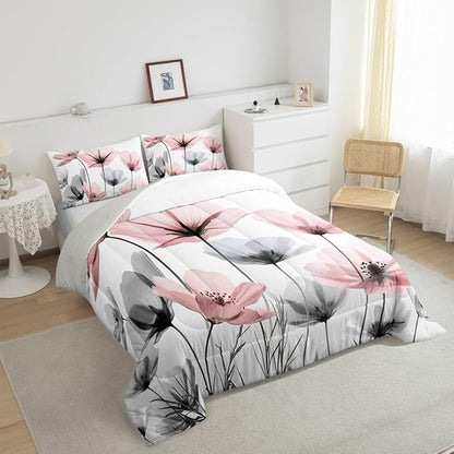 Erosebridal Cute Pink Floral King Bedding Set,Pink and Gray Flower Comforter Set for Kids Girls Women,Boho Wildflower Quilt,Farmhouse Flowers Bedroom Decor with 2 Pillowcases,Breathable