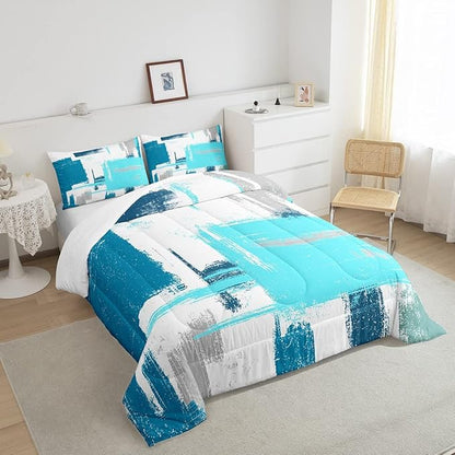 Abstract Bedding Set Comforter Set for Kids Boys Girls Teens Room Decor Modern Abstract Art Comforter Teal Blue White Duvet Set 2Pcs Toddler Size