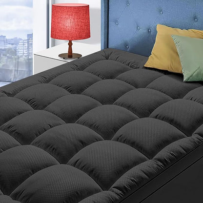 Queen Size Mattress Topper for Back Pain, Cooling Extra Thick Mattress Pad Cover with 8-21 inch Deep Pocket, Plush Pillow Top Mattress Topper Overfilled with Down Alternative, Queen Size, Black