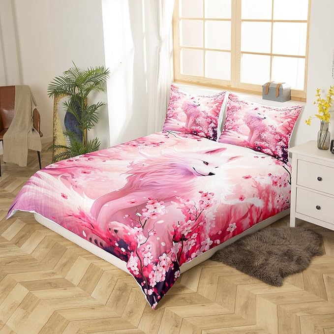 Fox Duvet Cover Set Queen Size,Pink Cherry Blossom Bedding Set 3Pcs,Wild Animals Plants Comforter Cover for Kids Girls Woman Adult Bedroom Decor,Japanese Style Romantic Quilt Cover,2 Pillowcases