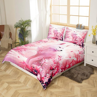 Fox Duvet Cover Set Queen Size,Pink Cherry Blossom Bedding Set 3Pcs,Wild Animals Plants Comforter Cover for Kids Girls Woman Adult Bedroom Decor,Japanese Style Romantic Quilt Cover,2 Pillowcases