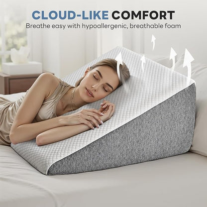 Wedge Pillow for Sleep Apnea, 12" Triangle Pillows Memory Foam Acid Reflux Pillow, Anti Snore Wedges for Sleeping with Washable Breathable Cover, Grey and White