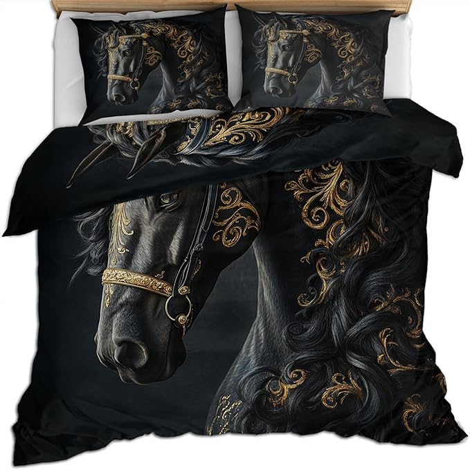 Black Horse Duvet Cover Twin Size, Ancient Warhorses Bedding Set 2 Piece Kids and Adults Noble Gold Foil Horse Comforter Cover with Zipper Ties & 1 Pillowcases