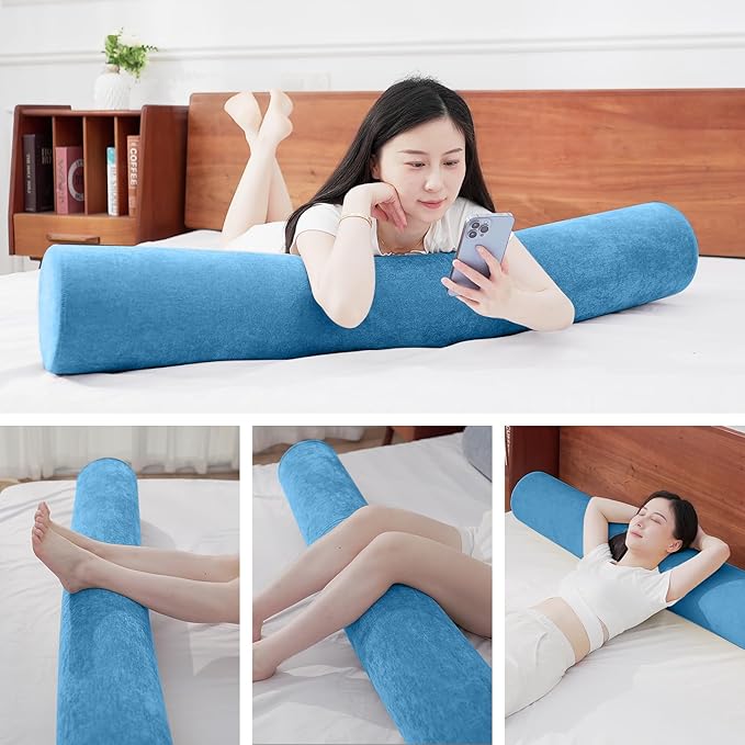 Body Pillow for Adults, Long Full Body Pillow for Side Sleepers and Pregnancy Support, High Resilience Cylindrical Bolster Pillow with Removable Washable Cover (47"x7.9", Cendre Blue)