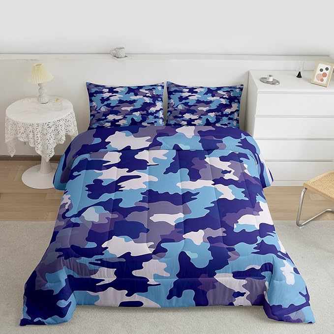 Camouflage Print Kids Comforter Set King Size,Blue Gray Purple Reversible Bedding Set All Season Quilt,Army Camo Pattern Abstract Microfiber Polyester Down Comforter