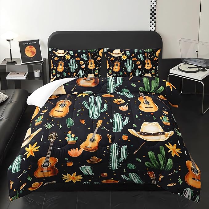 Western Cowboy Hats Musical Guitar Comforter 3Pcs Queen Wild Cactus Flowers Bedding Set for Kid Teen Girl Boy Adult Nature Botanical Floral Quilt Bed Decor with 1 Comforter and 2 Pillowcases