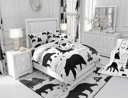 Camping Adventure Bear Comforter Set King Size,Hunt Animals Bedding Set for Kids Boys Men Adult Cabin Room Decor,Cartoon Pine Campfire Arrow Star Moon Quilt Set Black White Duvet Insert 3Pcs