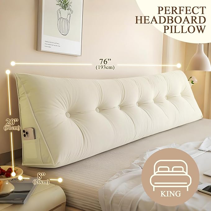 Headboard Pillow King, Large Triangular Wedge Headboard Pillow for Reading and Resting, Backrest Positioning Support Pillow with Removable Cover (Beige)
