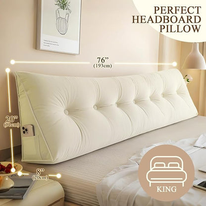 Headboard Pillow King, Large Triangular Wedge Headboard Pillow for Reading and Resting, Backrest Positioning Support Pillow with Removable Cover (Beige)