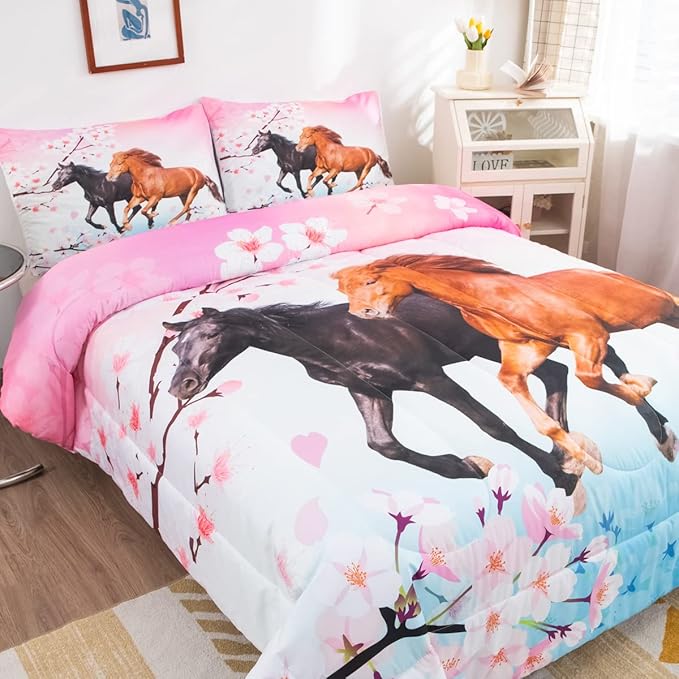 Feelyou Kids Horse Bedding Set Chic Cherry Blossom Bedding Comforter Set for Girls Teens Galloping Horse Printed Comforter 3D Wild Animal Duvet Set Bedroom Decor Quilt Set 3Pcs Queen Size