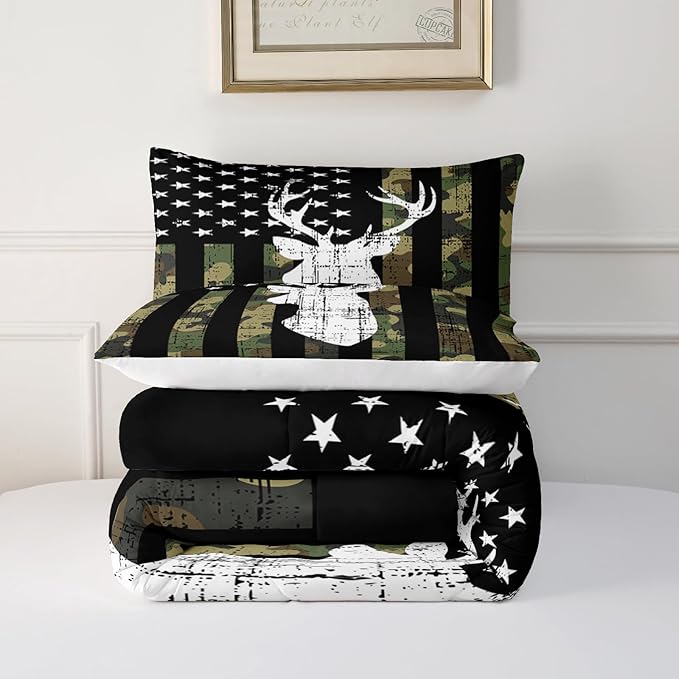 Deer Hunting Comforter Set Full Size, American Flag Bedding Set for Boys Teens, Army Green Military Camo Stripes Bedding Quilt Set Bedroom Decor 3 Pcs with 2 Pillowcase