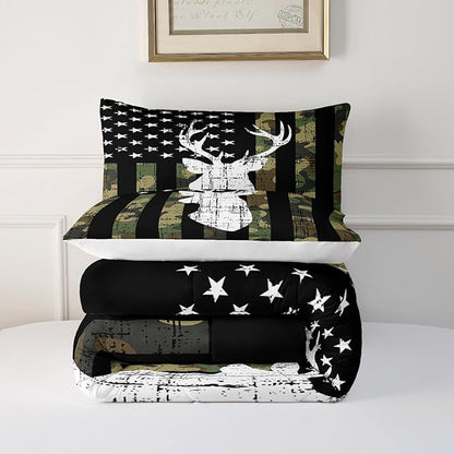 Deer Hunting Comforter Set Queen Size, American Flag Bedding Set for Boys Teens, Army Green Military Camo Stripes Bedding Quilt Set Bedroom Decor 3 Pcs with 2 Pillowcase
