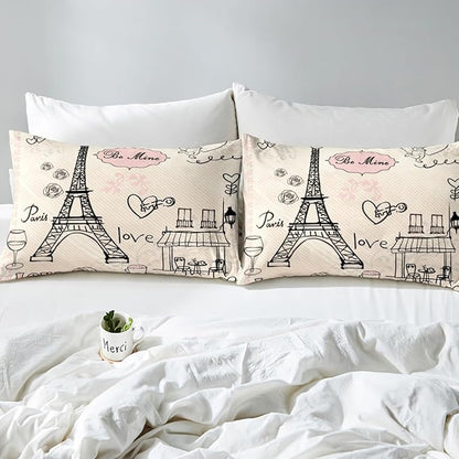 Feelyou Eiffel Tower Comforter Set Paris Tower Comforter for Girls Romantic Rose Chic Paris Theme Bedding Set Paris Cityscape Printed Heart Love Duvet Set Room Decor Quilt Set Full