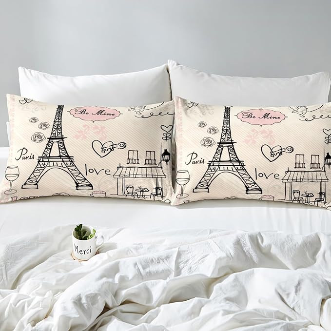 Feelyou Eiffel Tower Comforter Set King Paris Tower Comforter for Girls Romantic Rose Chic Paris Theme Bedding Set Paris Cityscape Printed Heart Love Duvet Set Room Decor Twin with 1 Pillow Case