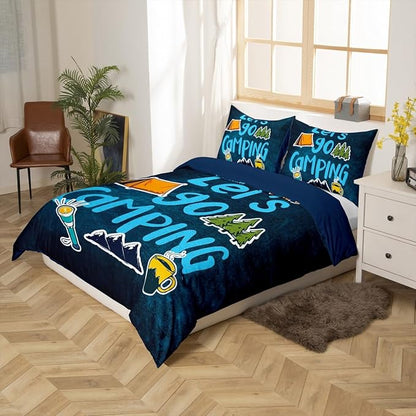 Happy Camping Duvet Cover Sets Full,Cartoon Camper Theme Comforter Cover Rustic Farmhouse Style Quilt Cover Navy Blue Bedding Set 3pcs for Kids Girls Teens Boys Room Decor with 2 Pillowcases