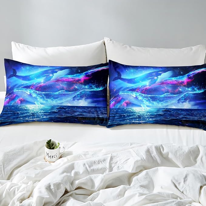 Castle Fairy 3D Whale Blue Galaxy Duvet Cover Set Twin Size, Starry Stars Universe Nebula Comforter Cover for Kids Boys Bedroom, Ocean Theme Sea Creatures Bedding Sets with 1 Pillow Sham, Dark Night