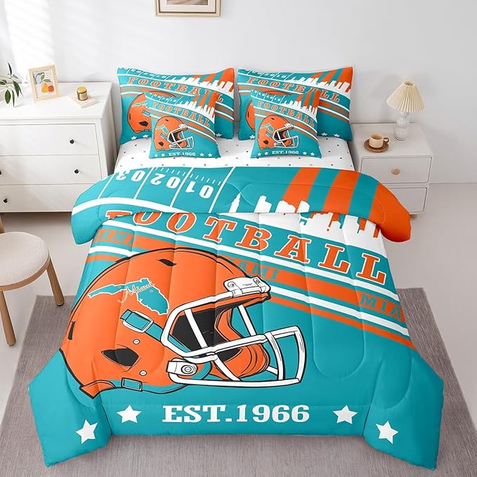 Erosebridal King Kids Comforter for Sports Fans Football City Bedding Sets, 7Pcs Sports Helmets Rugby Decor Comforter + Flat Sheet + Fitted Sheet + 2 Pillowcases + 2 Throw Pillow Covers