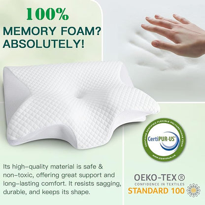 Memory Foam Cervical Pillow, 2-in-1 Ergonomic Neck Support Pillow with Armrest & Ear Hole, Contour Orthopedic Bed Pillow for Pain Relief, Adjustable Height for Side, Back & Stomach Sleepers