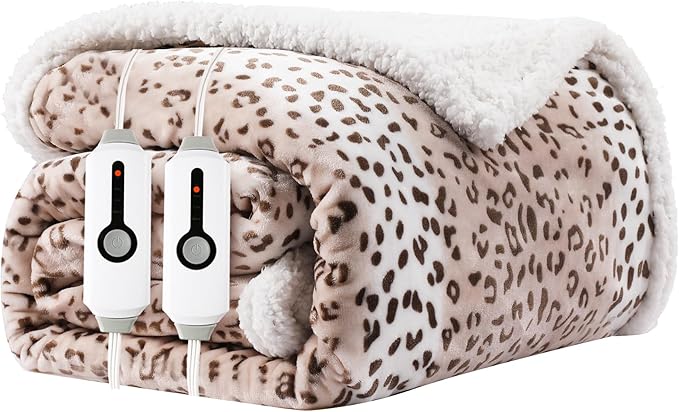 Electric Heated Blanket King Size 90"x100" - Dual-Sided with Flannel, 4 Heat Settings & 10 Hours Auto Off, Machine Washable - Beige Leopard Print