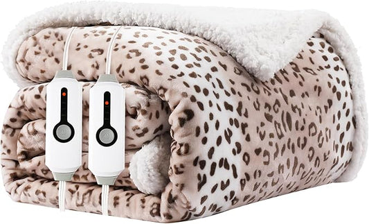 Electric Heated Blanket King Size 90"x100" - Dual-Sided with Flannel, 4 Heat Settings & 10 Hours Auto Off, Machine Washable - Beige Leopard Print
