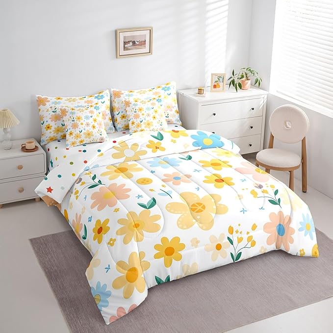 Feelyou Cute Flower 7 Piece Bedding Set Twin Size Kids Cartoon Cute Floral Bed in a Bag for Girls Teens Bright Yellow Comforter Set with Sheets Kawaii Bed Set